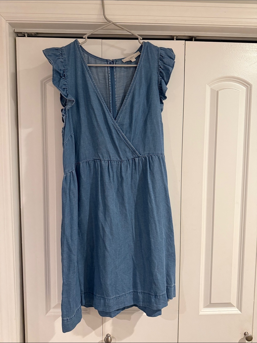 LOFT Chambray Wrap Mini Dress in Light Blue